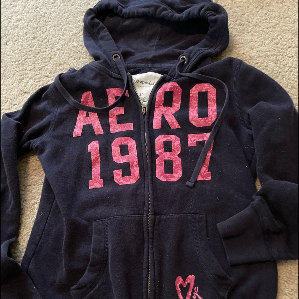 Aeropostale Black and Pink Zip Up Hoodie Sz:S